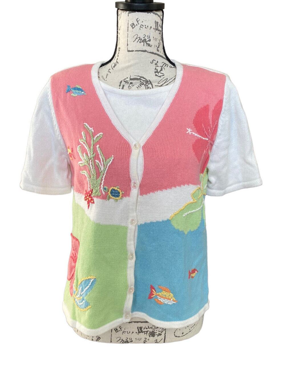 Koret Petite Sea Life Sweater - Button Overlay, Short Sleeve, Small